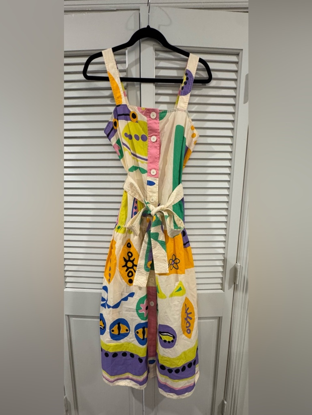 Zara Cream Maxi Dress w/ Multicolor Abstract Print, Drop Waist w/tie- flattering